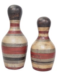 Two Folk Art Ceramic Decorative Bowling Pins - Painted In Alternating Stripes