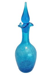 Vintage Crackle Turquoise Blue Blown Art Glass Decanter Cruet Bottle With Stopper