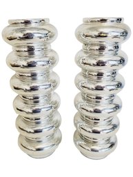 Pair Vintage Mid Century Modern Sutton Stacked Chrome Look Ceramic Candleholders