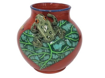 Adorable Artist Signed Eileen Reznick Rezware Hand Painted Pottery Vase With Whimsical Applied Frog