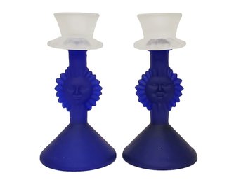 Pair Of Cobalt Blue Frosted Glass Sun Candle Stick Holders
