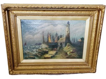 Antique Ornately Wood Framed Champion Jones (1856-1912) Circa 1890 Lighthouse Oil On Canvas Painting