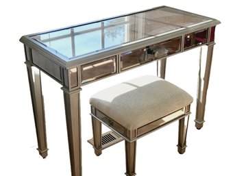 Wood Smokey Mirrored Vanity Table / Desk With Small Bench Seat