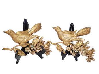 Two 1967 Vintage MCM Dart Industries Plastic Gold Birds On Dogwood Branches Wall Hangings