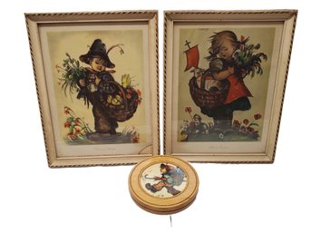 Two Framed 1940s MJ Hummel Prints & Pull String Music Box