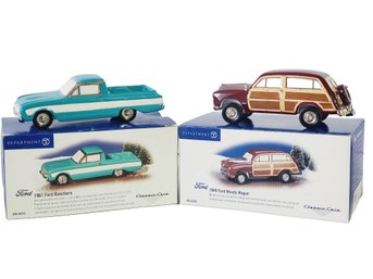 Two Department 56 Classic Cars Snow Village 1961 Ford Ranchero & 1949 Ford Woody Wagon Cars With Boxes