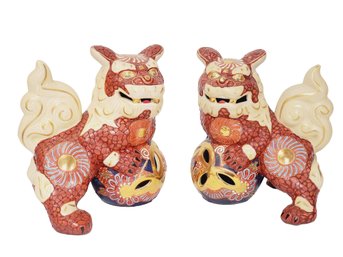 Two Porcelain Kutani Chinese Foo Dog Shishi Dragon Colorful Figurines
