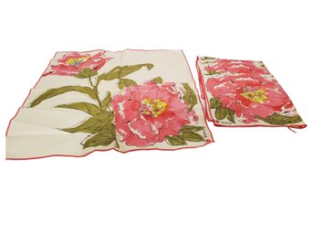 Set Of Four Vintage Vera Neumann Bright Pink Floral Tea Towels