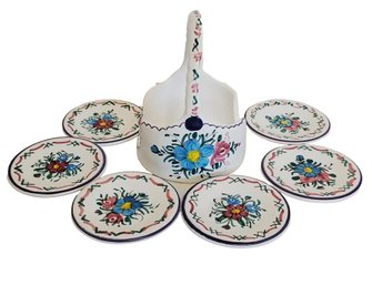 Vintage Hand Painted Ceramic Butter Pat Dished With Caddy Crespo Spain