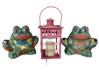 Pair Of Very Nice Painted Mexican Pottery Whimsical Frog Planters & Lantern With LED Candle