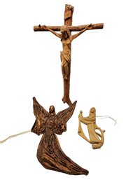 Religious Carved Resin & Papier Mache Angels & Carved Wood Crucifix