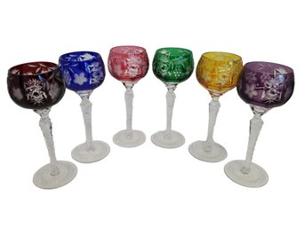 Six Ajka Marsala Bohemian Cut To Clear Crystal 8 1/4' Multicolor Stemmed Wine Goblets Glasses