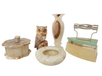 Genuine Vintage Alabaster Hand Carved Iron, Owl, Bud Vase, Ash Tray & Lidded Trinket Box
