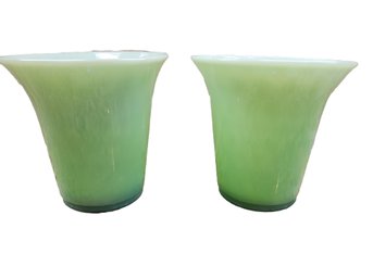 Lovely Pair Of Vintage Green Jadeite Footed Vases