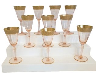 Vintage Set Of 10 TIFFIN-FRANCISCAN Rambler Rose Pink Wine Glasses With Gold Encrusted Rim (lot 2)