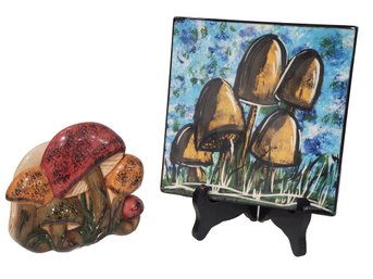 Painted Ceramic Mushroom Tile With Stand 6'x 6' & Pottery Painted Mushroom Napkin Holder Signed