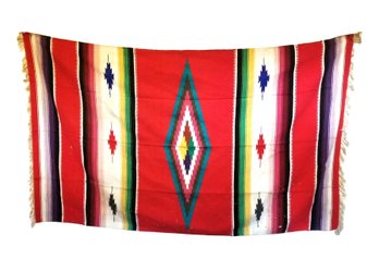 Colorful Vintage Native American Woven Diamond Center Fringed Blanket-