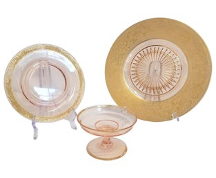 Vintage Pink Depression Glass Candy Dish, Serving Plate With Gold Gilt & Dish With Gold Trim