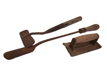 Trio Of Antique Primitive Wood Handled Masonry & Farm Tools