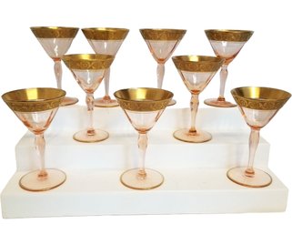 Vintage Set Of 10 TIFFIN-FRANCISCAN Rambler Rose Pink Stem Cocktail Glasses  (Lot 1)