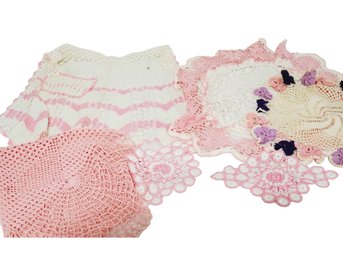 Vintage Pink Themed Hand Crotched Doilies And Apron