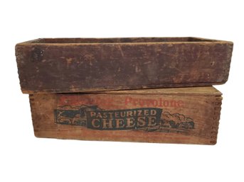 Two Antique Wood Boxes - Sunette Cheese Fingerjointed Box & Unbranded