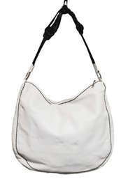 Ladies Plinio Visona White Leather Shoulder Bag With Braided Black Leather Strap & Accent Stitching