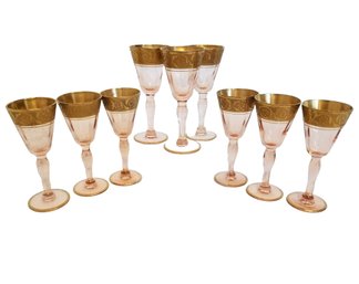 Vintage Set Of 9 TIFFIN-FRANCISCAN Rambler Rose Pink Aperitif Glasses With Gold Encrusted Rim (Lot 3)