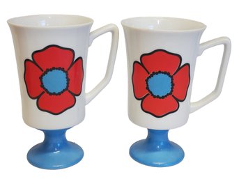 Two Mid Century Modern Vintage Footed Red & Blue Floral Espirit By JSC Mugs