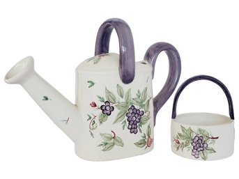 Pfaltzgraff Grapevine Ceramic Handled Dish & Watering Can Vase