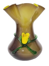 Beautiful Vintage Hand Blown Cased Glass Vase With Applied Green Vine & Yellow Rose