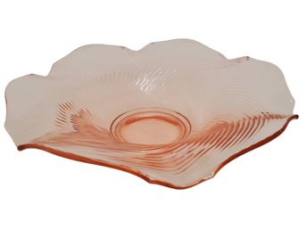 Vintage Pink Ribbed Depression Glass Ruffled Edge Centerpiece Bowl