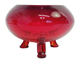 Small Vintage Ruby Red Glass Three Footed Bowl (may Be A Flower Frog Bowl)