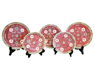 Set Of Red Famille Rose Mun Shou Longevity Porcelain Plates  (Lot 3)