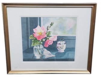 Hollyhock Flowers With Glass Bird Watercolor Framed Signed Still Life Painting MK Merrill - Juried Show Entry