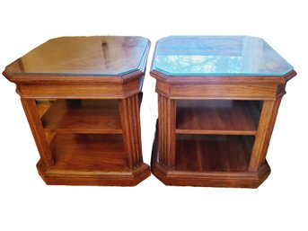 Pair Of Vintage Solid Wood Tiered Side End Tables With Glass Protective Tops