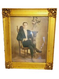 Antique Framed Hand Colored Photograph Of Young Man In Chair