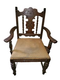 Single Antique Jacobean Carved Wood Upholstered Arm Chair - Attic Find!!!