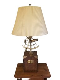 American Oak & Brass Nautical Knob Creek Sexton Table Lamp Mounted On Chest Box