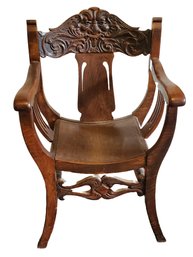 Antique Beautifully Carved Northwind Face On Back Splat Wood Barrel Chair