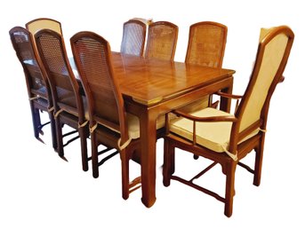 Vintage Henredon Burled Wood Asian Inspired Dining Table With Six Chairs, Pads & Two Leaves