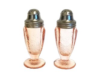RARE Vintage 1930s Pink Floral Poinsettia Depression Glass Salt And Pepper Shakers