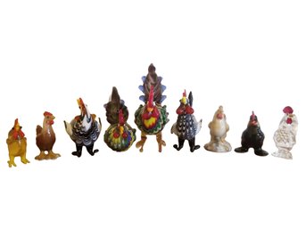 Nine Adorable Small Blown Art Glass & Ceramic Colorful Roosters