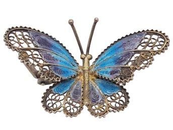 Vintage 500 Sterling Over Brass Filigree With Blue Enamel Butterfly Ladies Pin Brooch