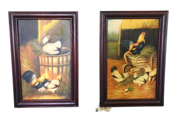 Two Framed Vintage Chicken, Rooster Farm Paintings On Canvas