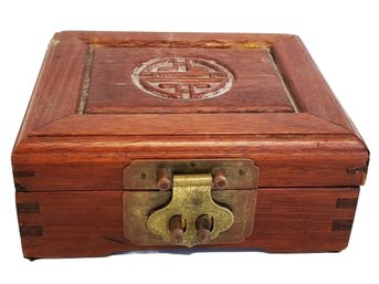 Vintage Chinese Wood Jewelry Box With  Brass Hardware & Longevity Symbol