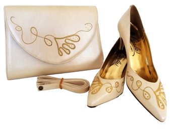 Vintage Leather Embroidered Design 9M High Heel Pumps With Matching Handbag By Carla Made In Spain