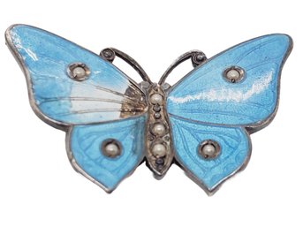 Small Sterling Silver With Blue Enamel Butterfly Ladies Pin