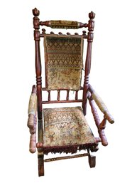 Antique French Country Platform Rocking Glider Early American Chair On Casters With Tapestry Upholstery