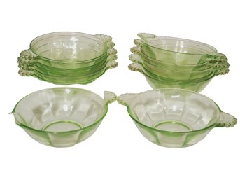 Twelve Vintage Green Uranium Depression Glass Handled Berry Bowls
